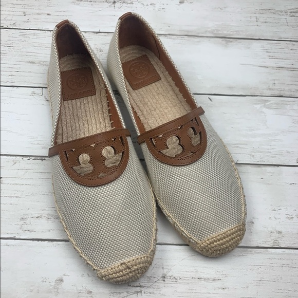 Tory Burch Sidney Flats Espadrille Slip On Logo Leather Brown Tan New 8 1/2